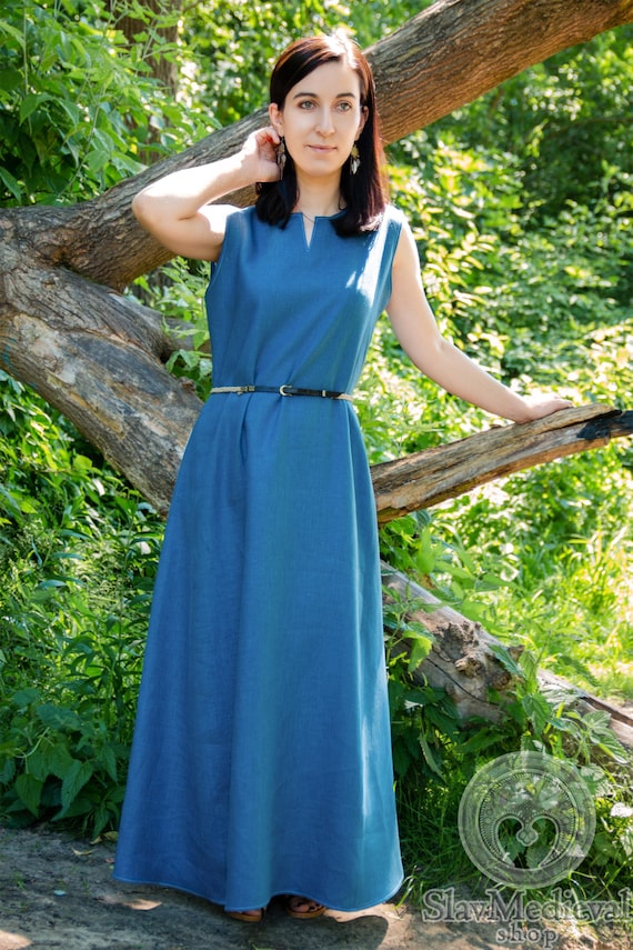 Early Medieval Birka Natural Linen Sleeveless Wide Maxi Dress with Small Slit V-neck for Slavic Viking woman costume, LARP Ren Faire dress