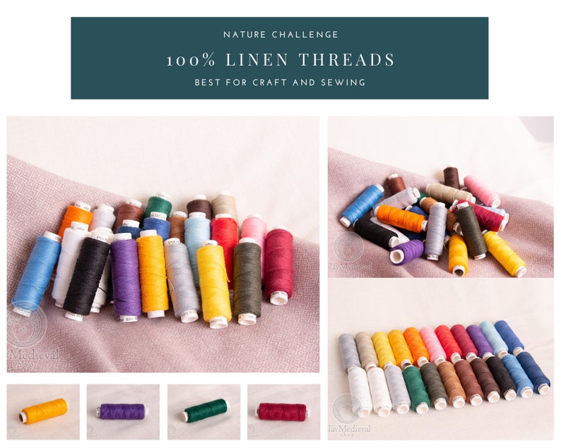 May include: A collection of 100% linen threads in various colors, arranged in a pile and in rows. The text "NATURE CHALLENGE 100% LINEN THREADS BEST FOR CRAFT AND SEWING" is displayed above the image.