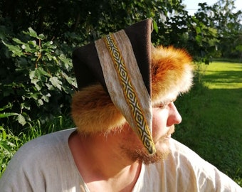 Early Medieval woollen triangle hat with natural fox fur and woven trim for Viking man and woman reenactors historical costume | Viking hat