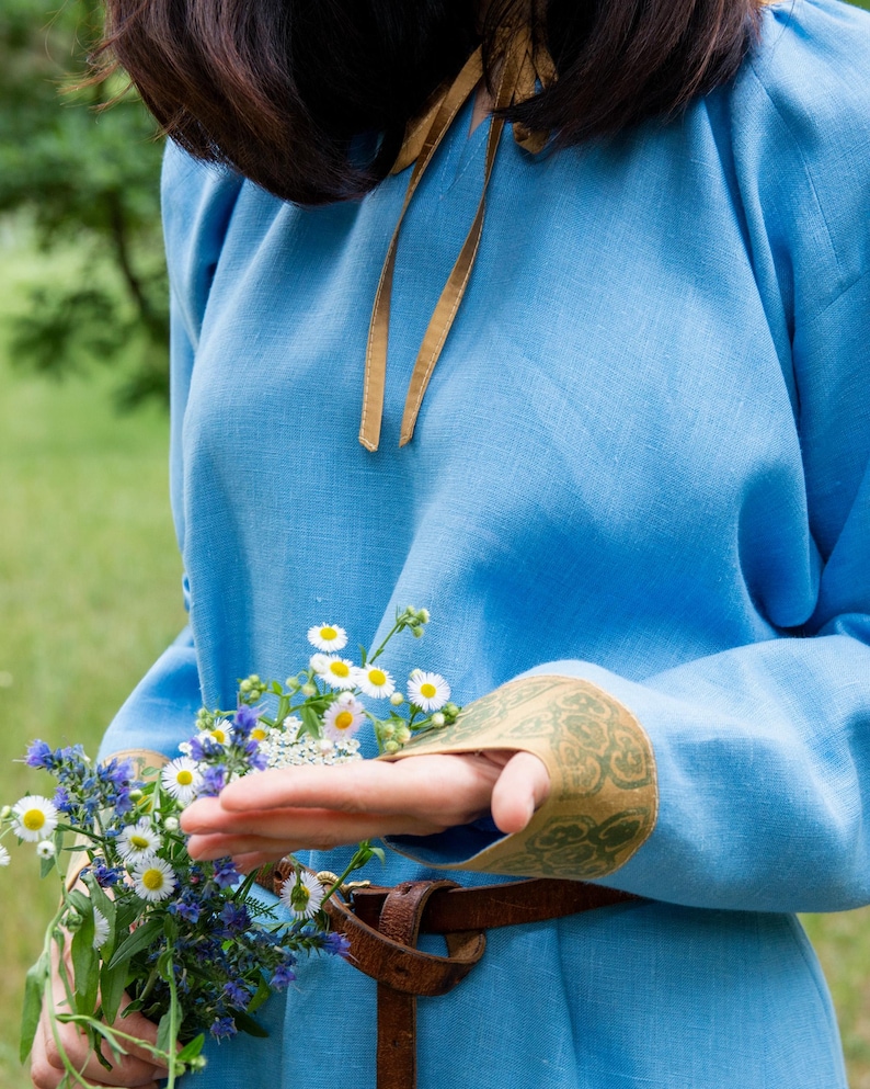 Early Medieval Pskov Kiev Rus Natural Linen Dress with Hand-block Stamped Embroidered Silk Trim for Slavic Viking woman historical costume image 5