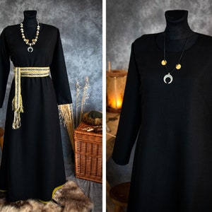 Frühes Mittelalter Birka warmes Woll Kleid T-Tunika mit zwei Keilen, runder Ausschnitt für Wikinger und Slawin historisches Reenactment Kostüm Black