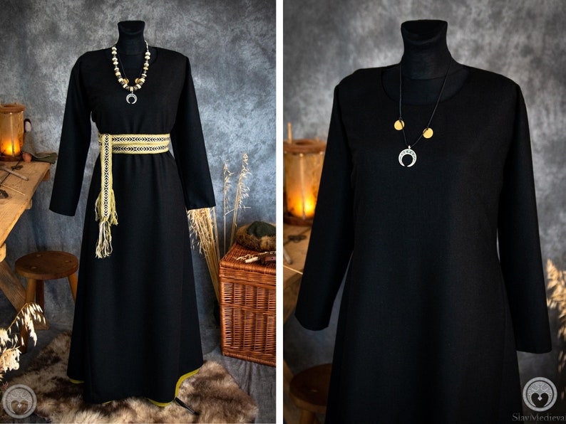 Frühes Mittelalter Birka warmes Woll Kleid T-Tunika mit zwei Keilen, runder Ausschnitt für Wikinger und Slawin historisches Reenactment Kostüm Black