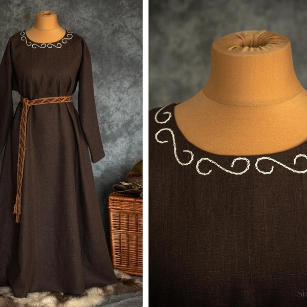 Early Medieval Viking wide loose linen underdress with handmade embroidery for Viking and Slavic women historical reenactment costume