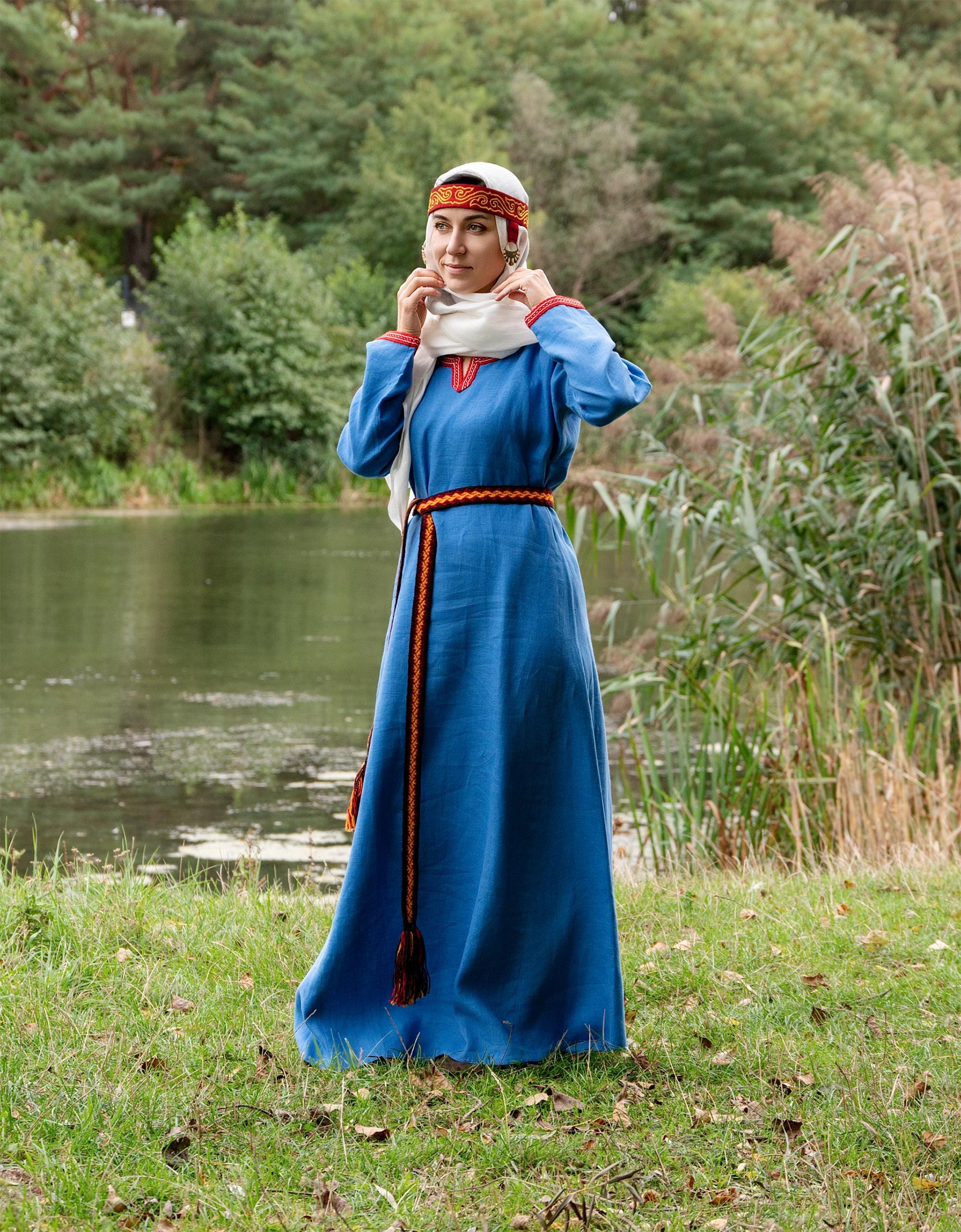 Early Medieval Natural Linen Dress Trimmed With Wool Selvage On Sleeves & Slit Neckline For Slavic Viking Woman Historical Larp Costume