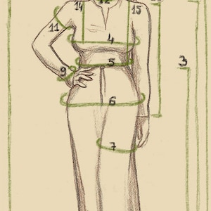 Puede incluir: Un dibujo a línea de una mujer con el pelo largo, que lleva una camisa de manga larga y pantalones. El dibujo está anotado con números para indicar diferentes medidas del cuerpo.