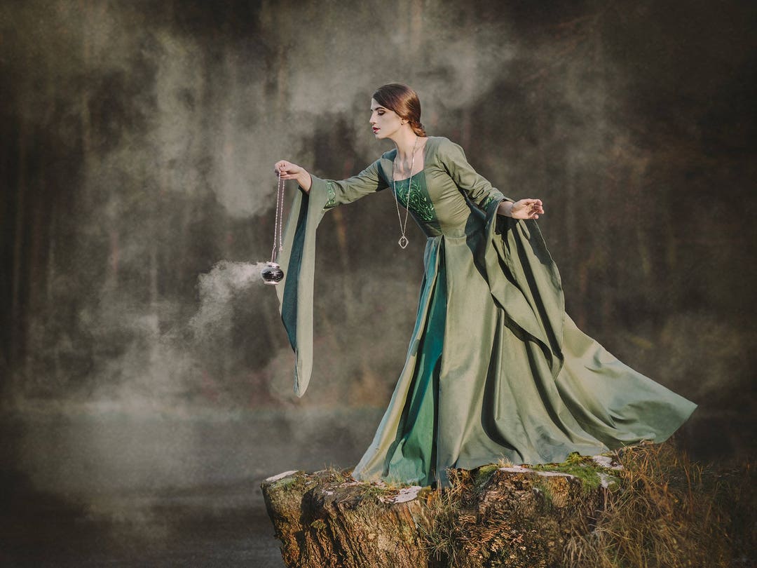 Lady of The Lake |Medieval Renaissance Faire Elf Fantasy Satin Cotton Wide Dress Gown with Long Embroidered Flowy Sleeves, Back Lacing, LARP Lady of The Lake |Medieval Renaissance Faire Elf Fantasy Satin Cotton Wide Dress Gown with Long Embroidered Flowy Sleeves, Back Lacing, LARP