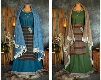 LADA | Early Medieval-inspired fantasy costume with wide linen dress, wool apron and 100% raw merino wool cloak for Slavic and Viking woman