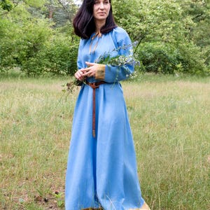Early Medieval Pskov Kiev Rus Natural Linen Dress with Hand-block Stamped Embroidered Silk Trim for Slavic Viking woman historical costume image 4