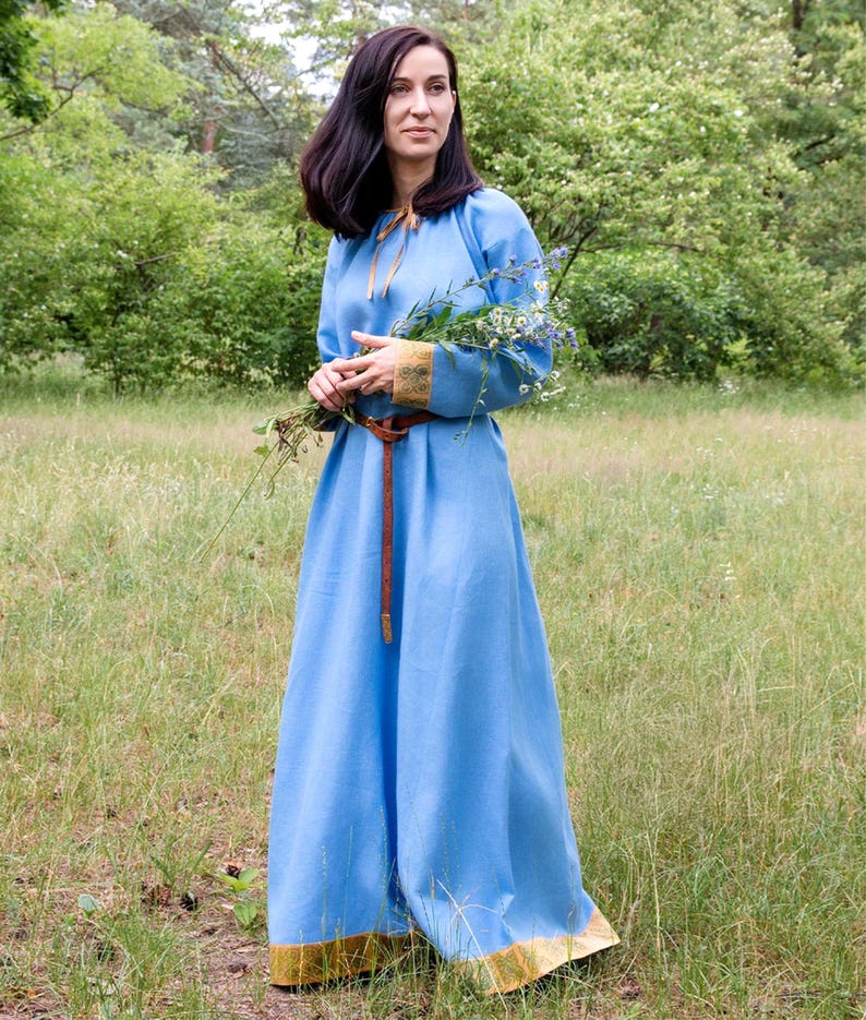 Early Medieval Pskov Kiev Rus Natural Linen Dress with Hand-block Stamped Embroidered Silk Trim for Slavic Viking woman historical costume image 4