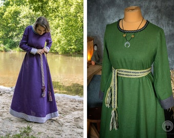 Robe en lin garnie viking du début du Moyen Âge avec ourlets en lin et lisière tissée pour costume de femme viking et slave | Sous-robe médiévale en lin