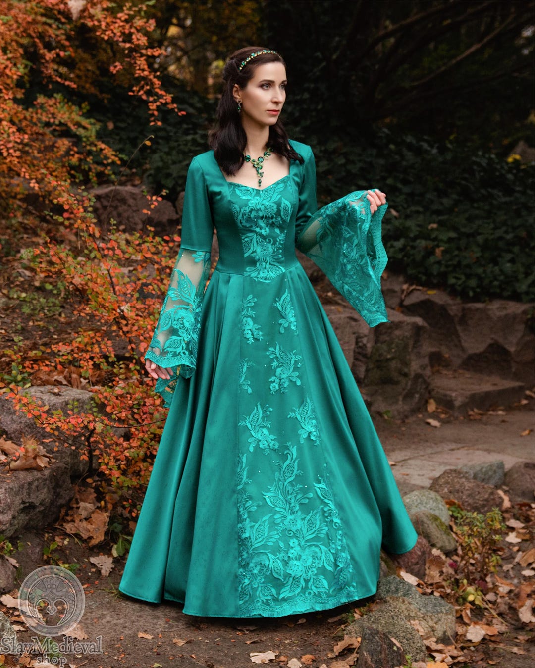 TURQUOISE MOTH | Fantasy Medieval Renaissance Faire Cotton Satin Wide Laced Dress Gown with Sheer Bell Wide Sleeves, Princess Queen Dress