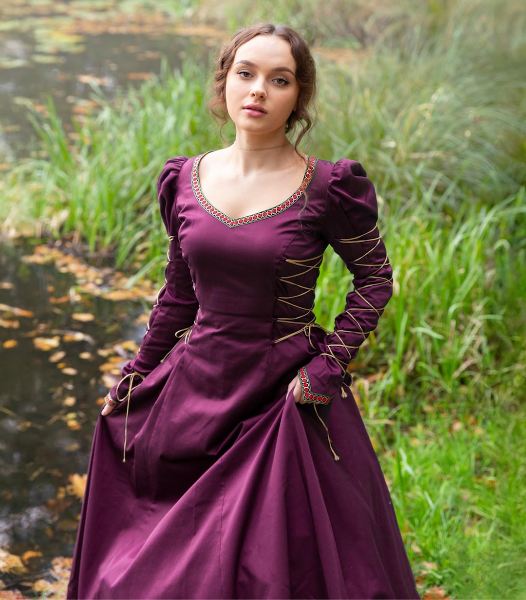 Medieval DREAM | Medieval Queen Renaissance Faire Elf Fantasy Princess Blend Viscose Wide Laced Trimmed Dress With Laced Puffy Sleeves, LARP Medieval DREAM | Medieval Queen Renaissance Faire Elf Fantasy Princess Blend Viscose Wide Laced Trimmed Dress With Laced Puffy Sleeves, LARP