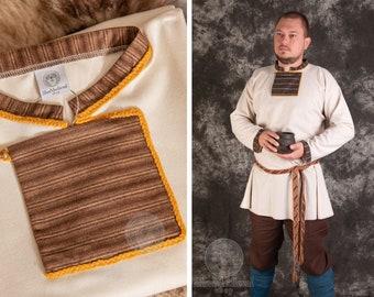 IN STOCK | Early Medieval Skjoldehamn cream wool shirt with brown plaid wool and braid hem for Viking man historical costume in size M