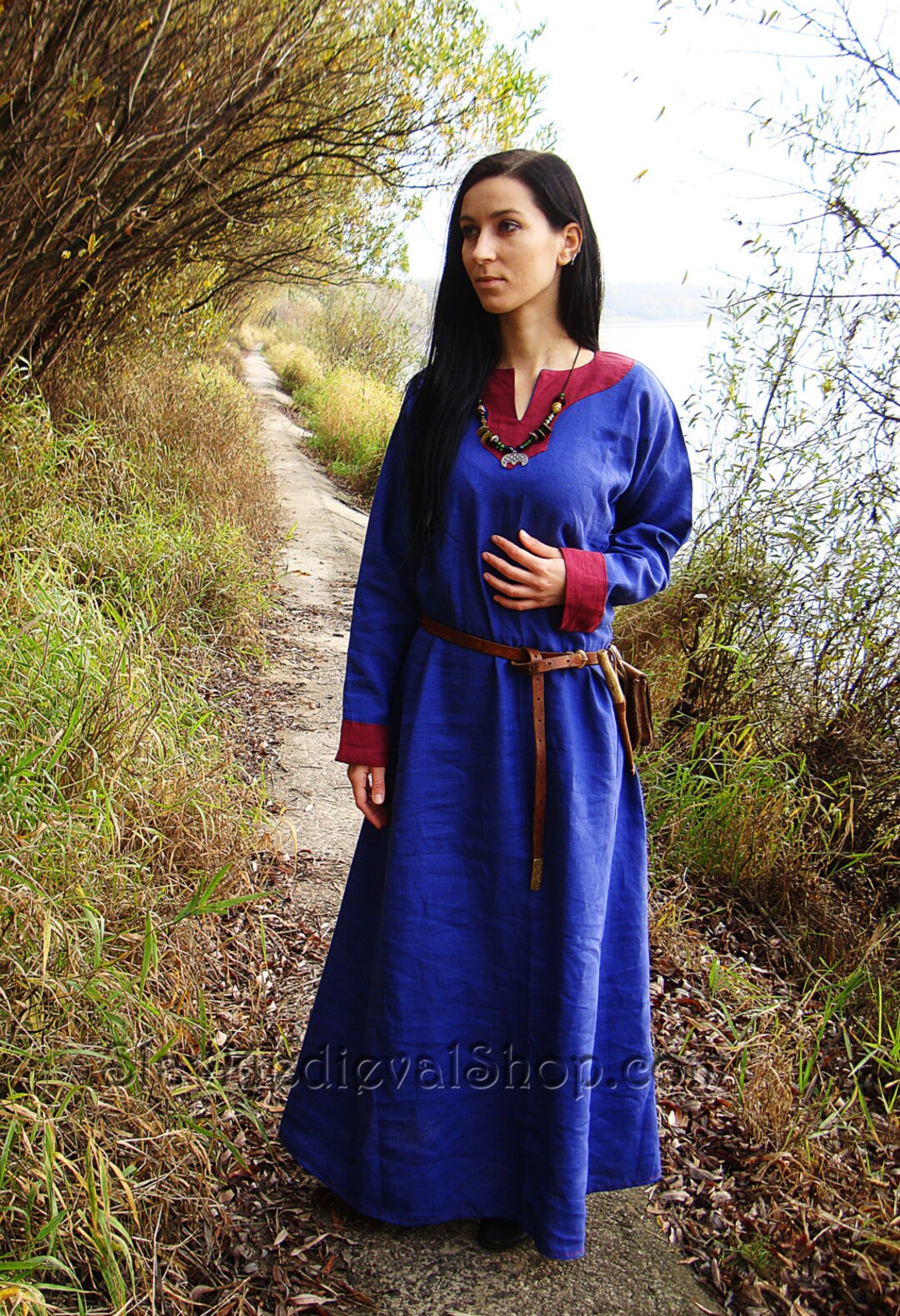 Early Medieval Birka Natural Linen Trimmed Wide Dress With