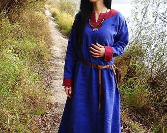Early Medieval Viking linen dress with linen hems for Viking and Slavic woman costume | Medieval linen dress with hems historical pattern