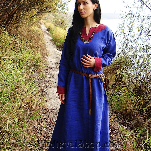 Early Medieval Viking linen dress with linen hems for Viking and Slavic woman costume | Medieval linen dress with hems historical pattern