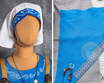 Vroeg-middeleeuwse driehoekige linnen sjaal hoofddoek met geometrische bekleding voor Viking en Slavisch, Keltisch geïnspireerd vrouwenkostuum, ren faire, LARP