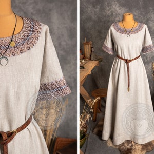 Linen light wide short-sleeved folk dress with geometriс embroidered hems inspired by early medieval, Slavic, Celtic and Viking mythology
