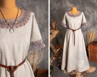 Linen light wide short-sleeved folk dress with geometriс embroidered hems inspired by early medieval, Slavic, Celtic and Viking mythology