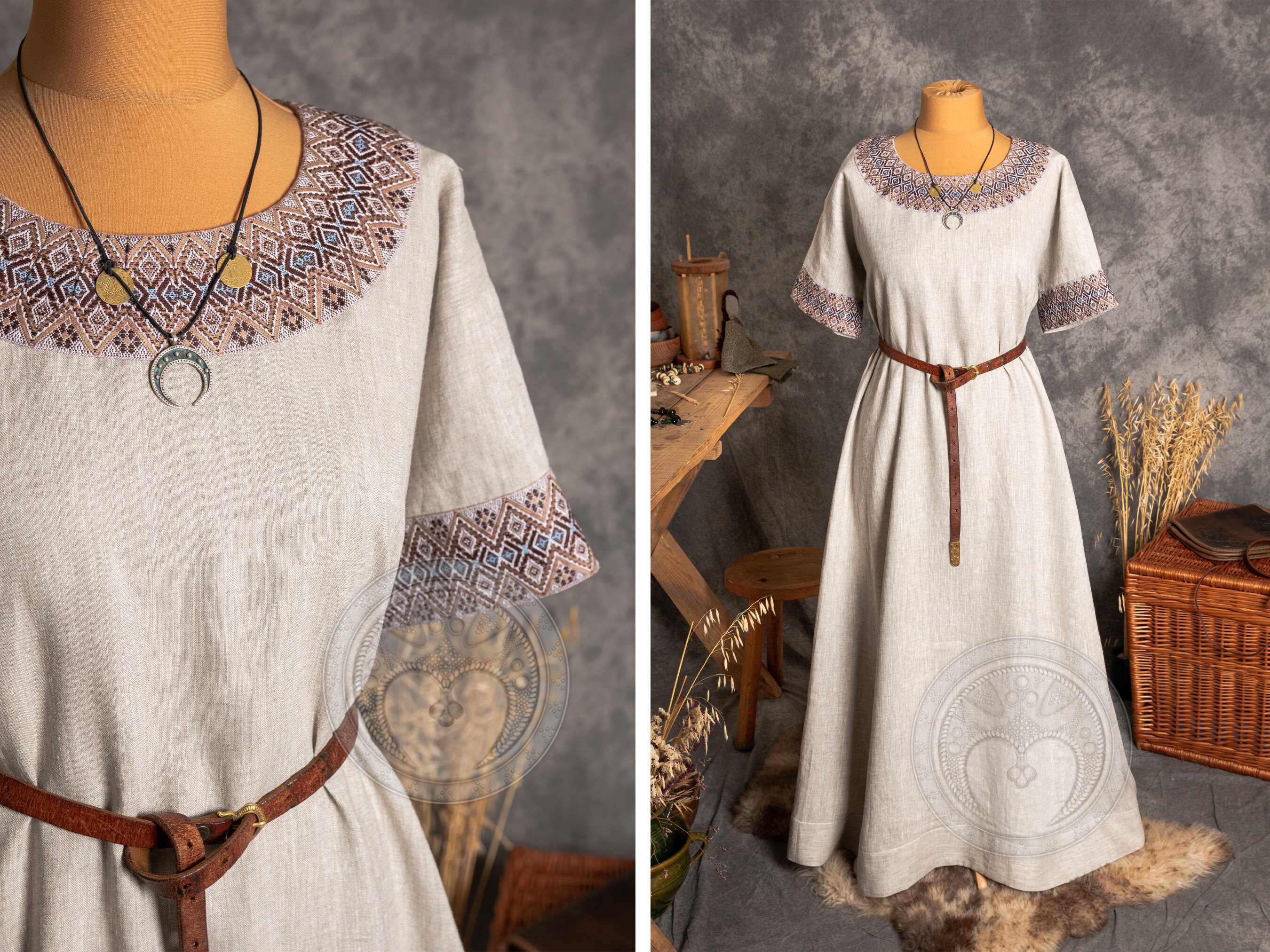 White linen dress with floral embroidery Sobachko