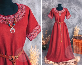 Linen light wide short-sleeved folk dress with geometriс embroidered hems inspired by early medieval, Slavic, Celtic and Viking mythology