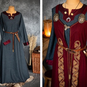 Early Medieval wide warm wool dress with natural silk hems for Viking woman costume and reenactment | Medieval wool dress with silk hems
