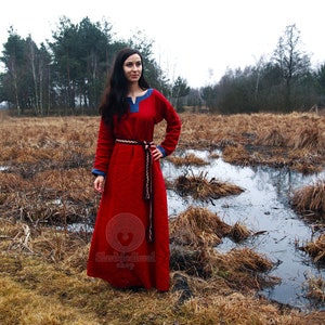 Early Medieval trimmed wide linen dress with narrow linen hems, 2 wedges and slit neckline for Viking Slavic woman historical costume