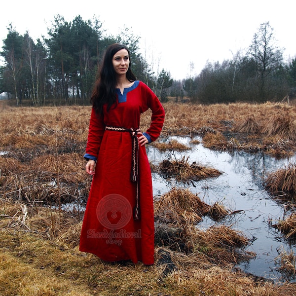 Early Medieval trimmed wide linen dress with narrow linen hems, 2 wedges and slit neckline for Viking Slavic woman historical costume