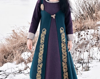 Early Medieval Scandinavian Wool Open Apron Dress with Handmade Silk Embroidery for Slavic Viking Historical Reenactment Woman Costume, LARP