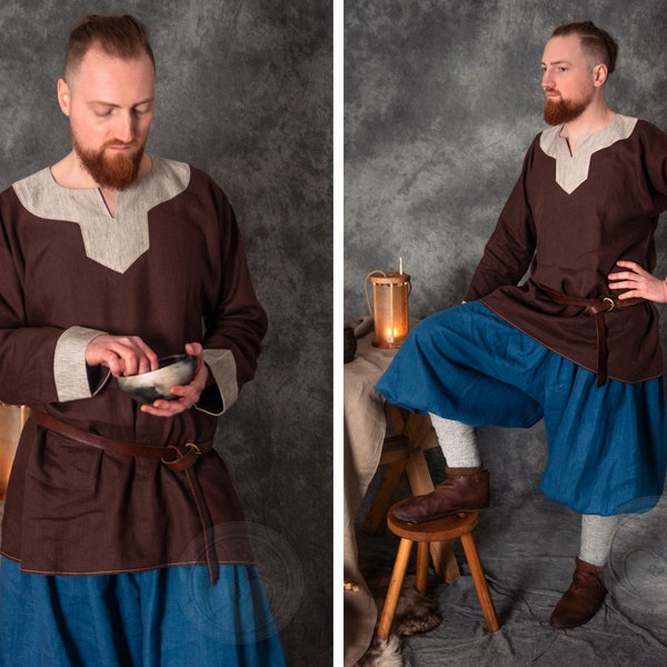 HARALD | Early medieval men's 2-piece costume with Birka linen tunic and baggy linen pants/bloomers for Viking and Slavic man reenactment