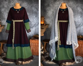 HELGA | Early Medieval costume set with linen dress, wool tunic, belt and raw wool cloak for Viking and Slavic woman historical reenactment