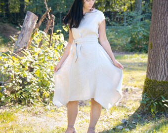 Asymmetrical Natural Linen Summer Short-sleeved Midi Dress With