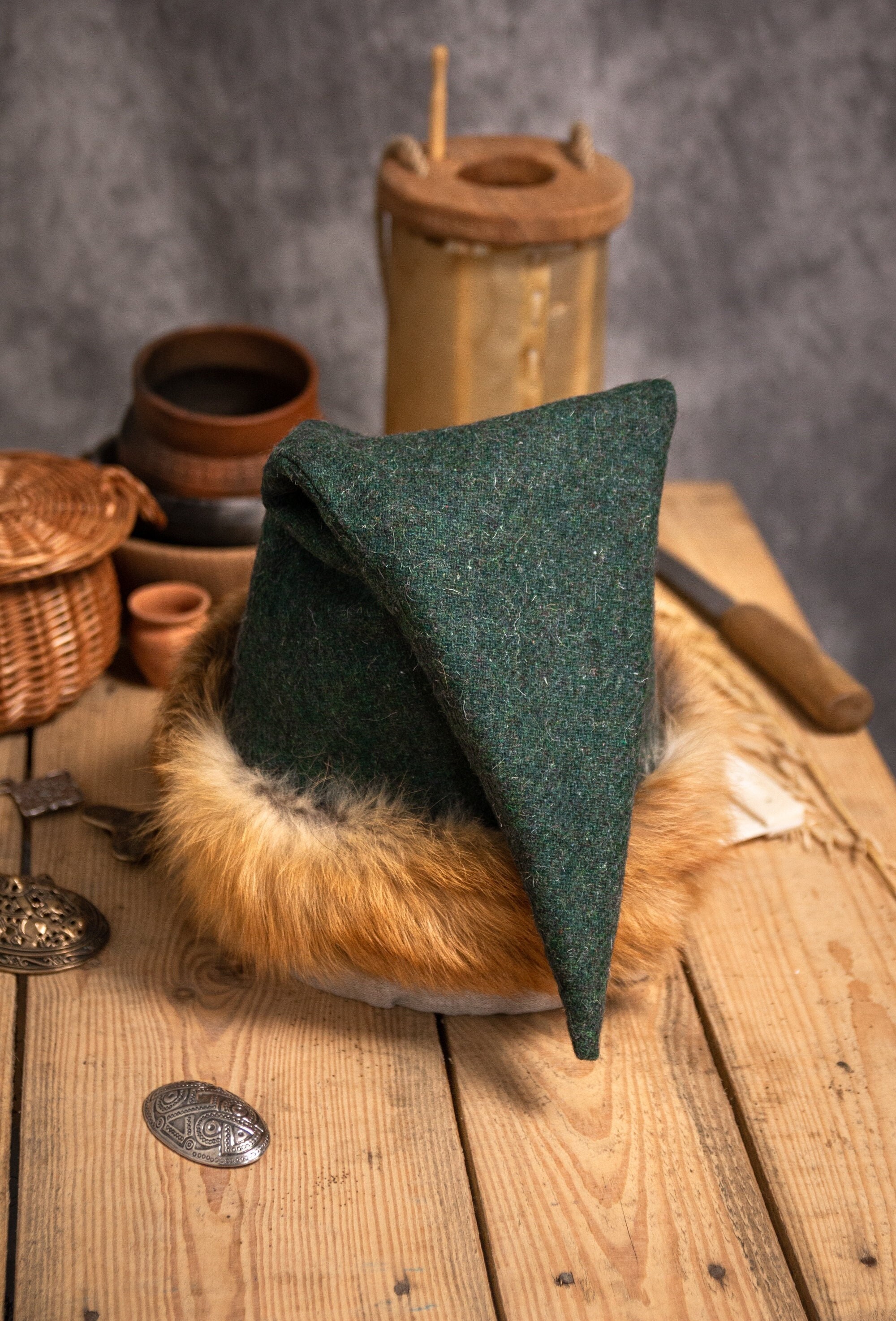 Medieval round hat with fox fur Viking Slav