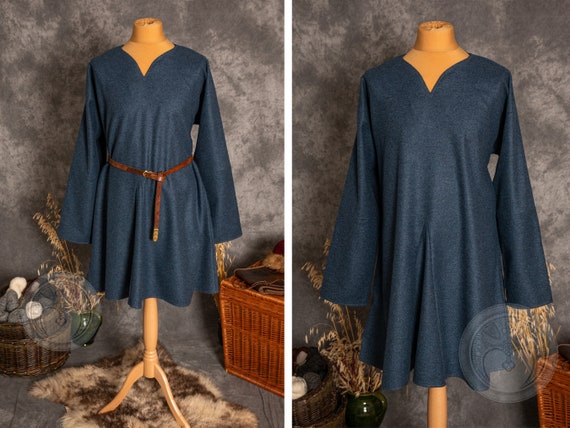 Viking Tunic - Dark Blue Knee Length, Short Sleeves With Embroidered B
