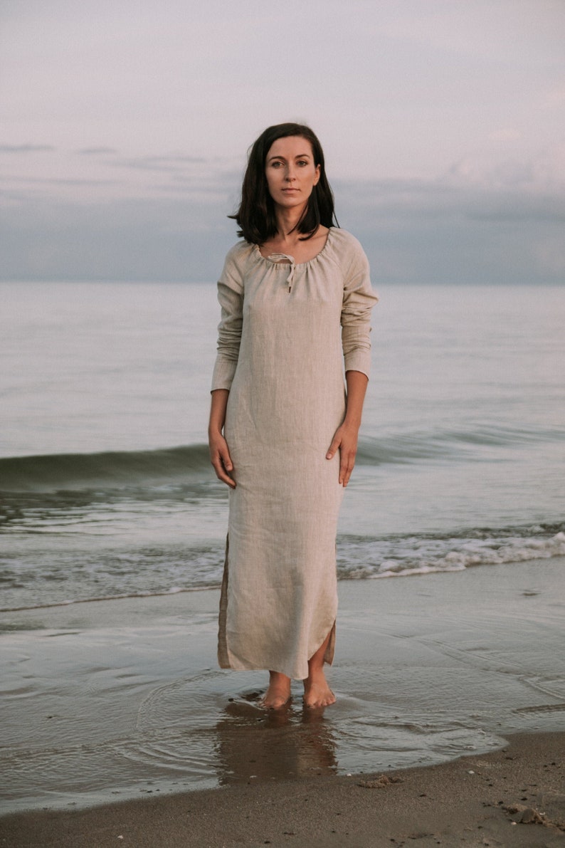 Early Medieval Pskov wide basic linen underdress with gathered neckline for Slavic and Viking woman historical costume or for pregnant women Natural nondyed