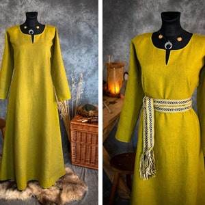 Early Medieval Viking Birka  basic long wide linen underdress gown with slit v-neckline for Viking and Slavic woman historical costume