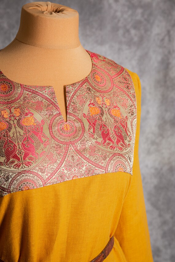 Early Medieval Rich Wide Linen Dress With Oseberg Yellow