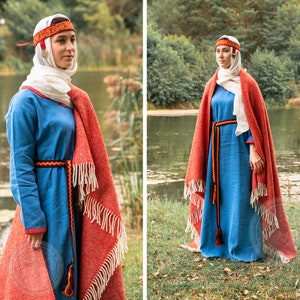 VELA | Early medieval costume set with linen dress and scarf, silk headband, raw wool cloak and woven belt for Viking Slavic woman costume