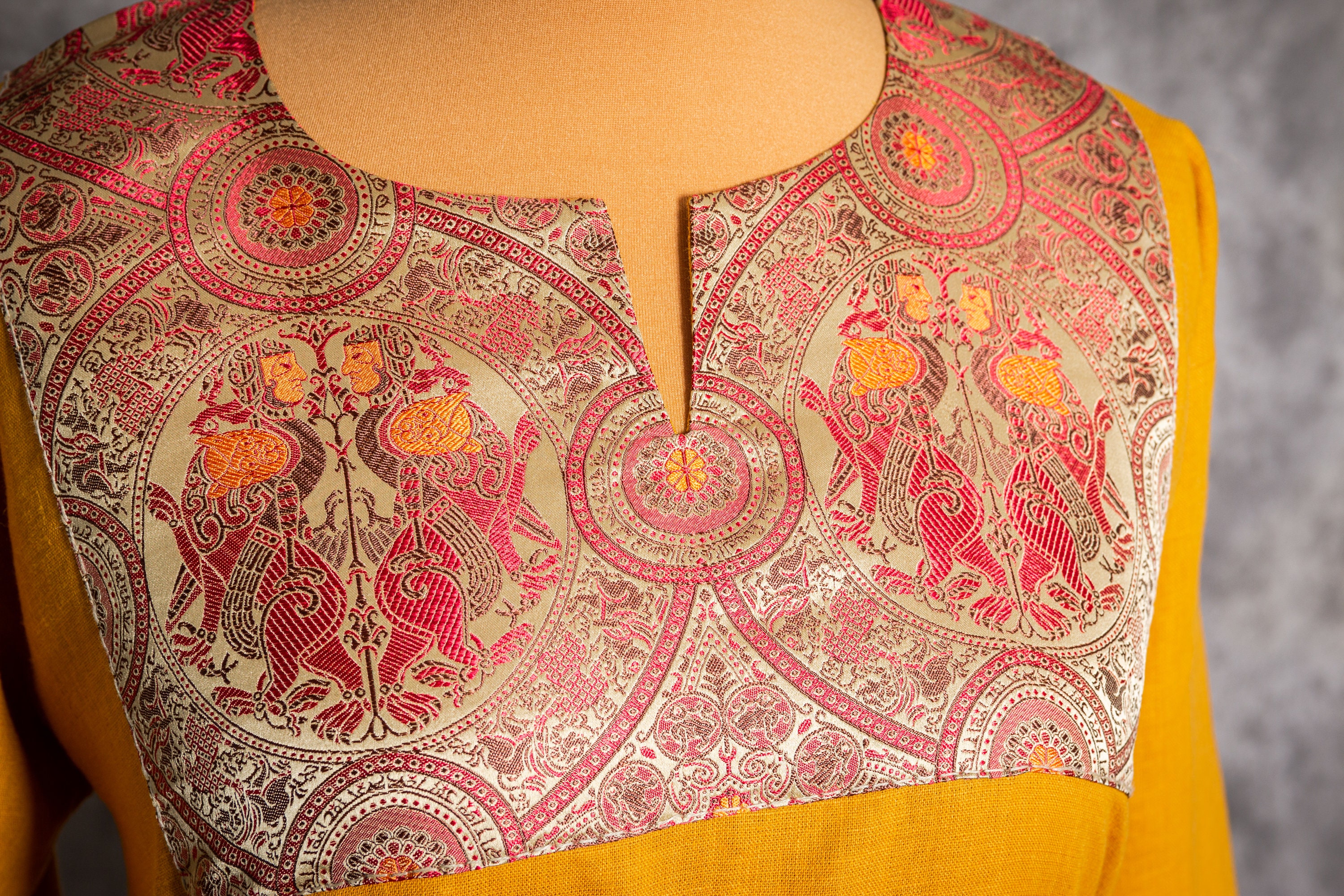 Early Medieval Rich Wide Linen Dress With Oseberg Yellow