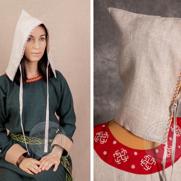 Early Medieval Jorvik Viking linen bonnet/scarf with handmade embroidery for Viking and Slavic woman historical reenactment costume