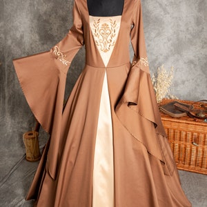 Lady of the Lake Fantasy Medieval Elven satin cotton embroidered laced wedding dress with wide embroidered sleeves rich Ren Faire Costume Brown