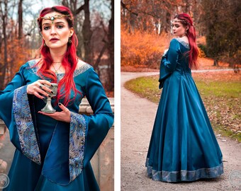 MENELANNA | Fantasy Renaissance-inspired wide cotton satin (faux silk) laced dress with wide long sleeves feathers pattern Ren Faire Costume