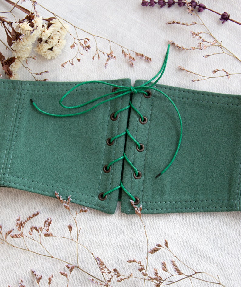 Fantasy laced corset belt made of artificial suede with cotton lining for LARP, SKI FI, elven medieval costume Vegan leather belt Green