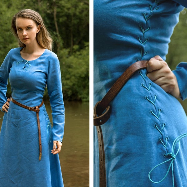 Cotte simple | Large robe médiévale avec lacets noués en lin avec reliure des deux côtés pour costume de reconstitution historique de femme médiévale/renaissance