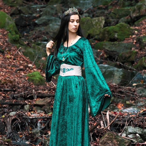 green emerald velvet dress Elven dress with bell sleeves  Kayame