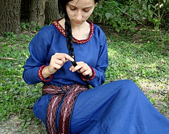 Early Medieval linen underdress gown with tablet selvage for Viking and Slavic woman costume for reenactment, wedding and festival