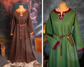 Early Medieval wide linen dress with narrow linen hems and 2 wedges slit neckline for Viking or Slavic woman historical reenactment costume