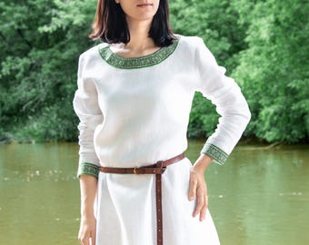 Early Medieval-inspired Slavic Viking ceremonial trimmed linen dress with decorative embroideried hems for Celtic wedding, boho, LARP SCA