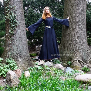 Fantasy satin cotton /mixed linen embroidered wide dress inspired by LOTR with wide sleeves Middle Ages, elf Ren Faire Costume image 5