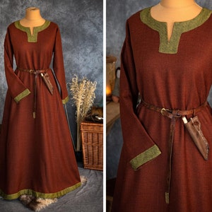 Early Medieval Viking wide warm wool dress with diamond twill wool hems for Viking and Slavic woman reenactor historical costume